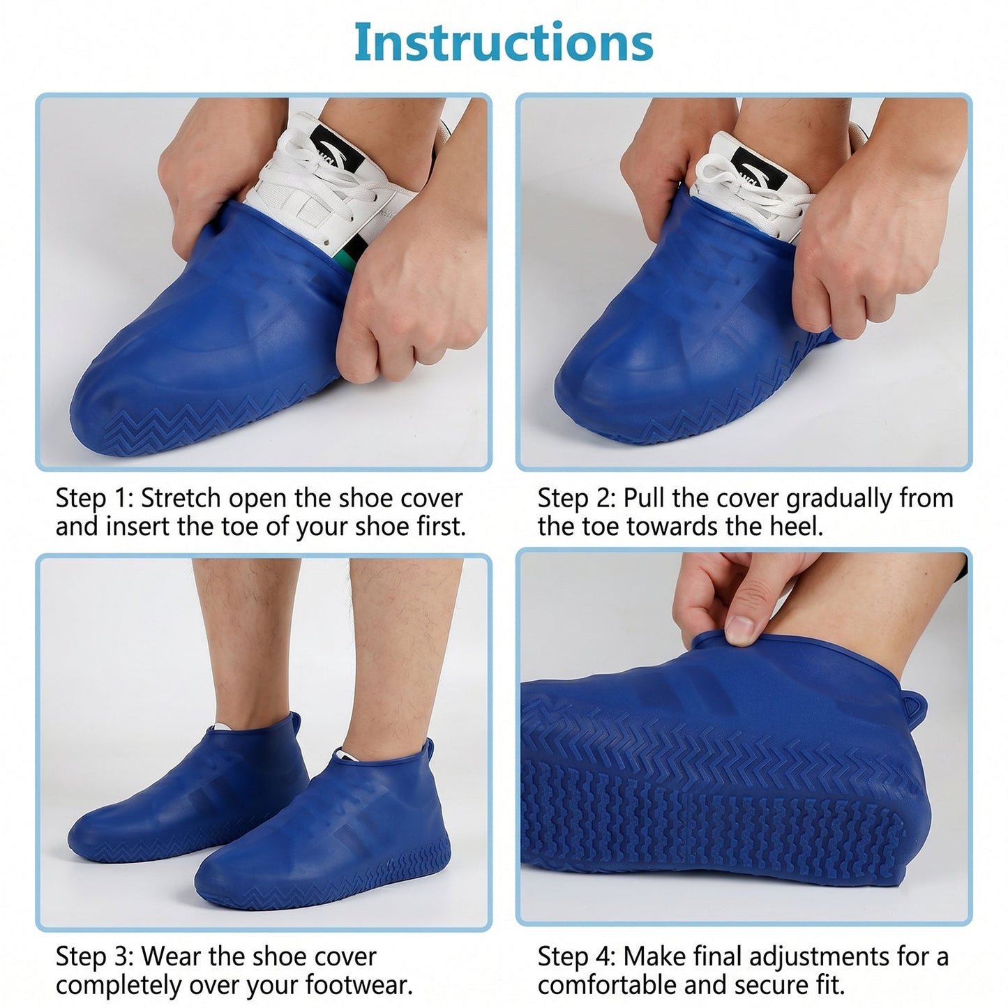 Pair of blue Wukusy reusable waterproof silicone rain shoe covers with non-slip soles, designed for small-sized shoes.