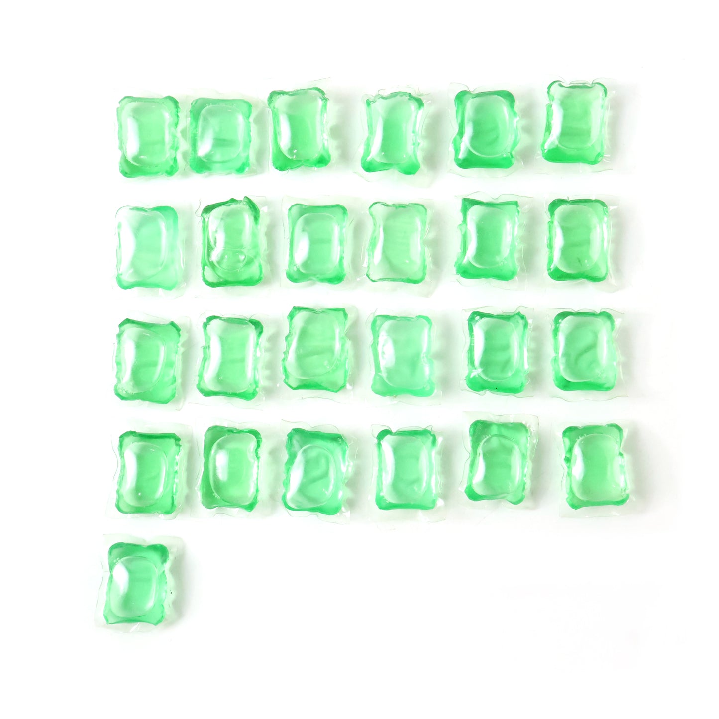 Wukusy concentrated liquid laundry detergent pods, 25-piece package, showing clear pods filled with liquid detergent in a transparent container.