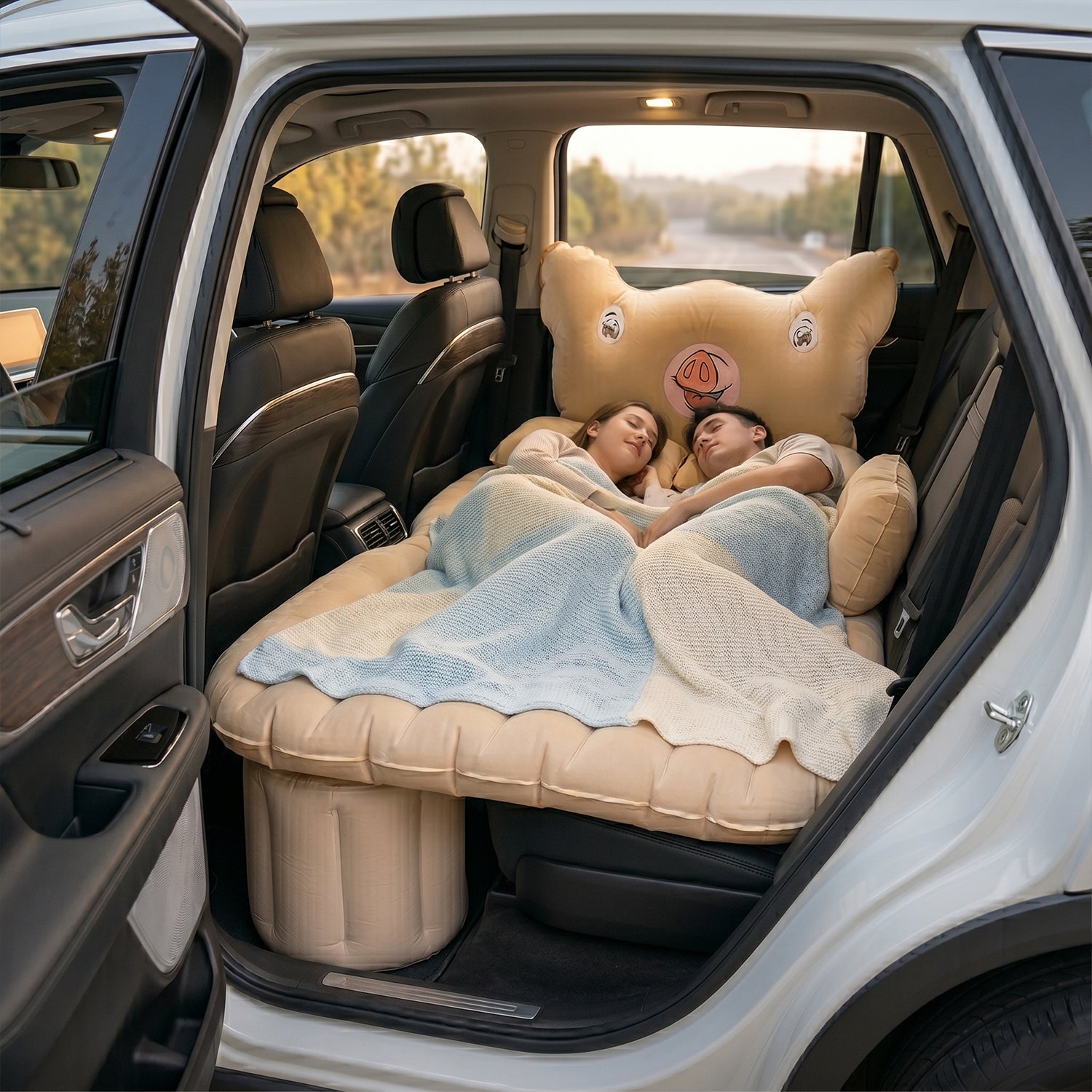 Wukusy cartoon pig design car air mattress bed set with pillows, inflatable travel bed for comfort during trips