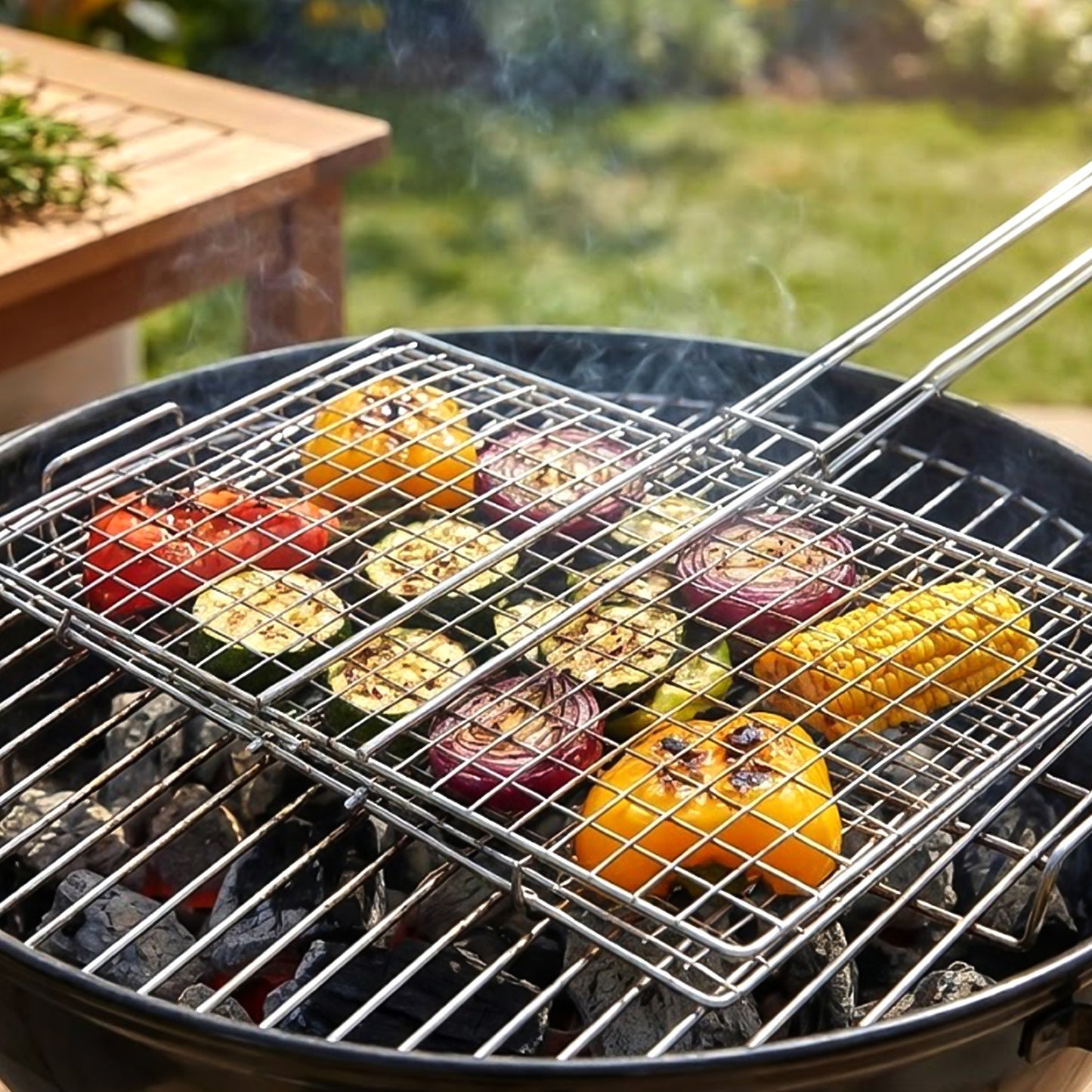 Heavy-duty stainless steel barbecue grill basket by Wukusy, with a spacious design for grilling vegetables and meats.