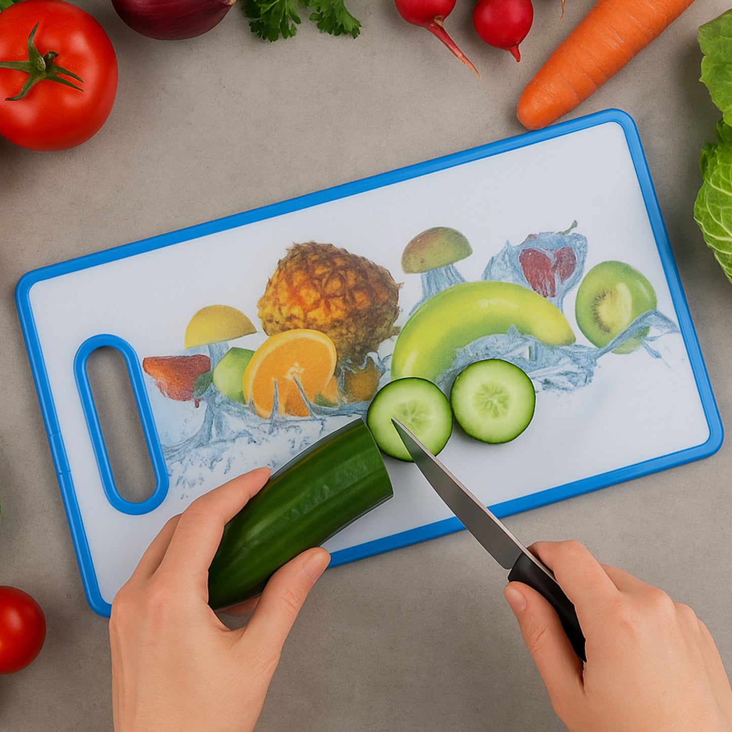 Large rectangular Wukusy fruit print cutting board, 36x22cm, for kitchen food prep, featuring colorful fruit design.