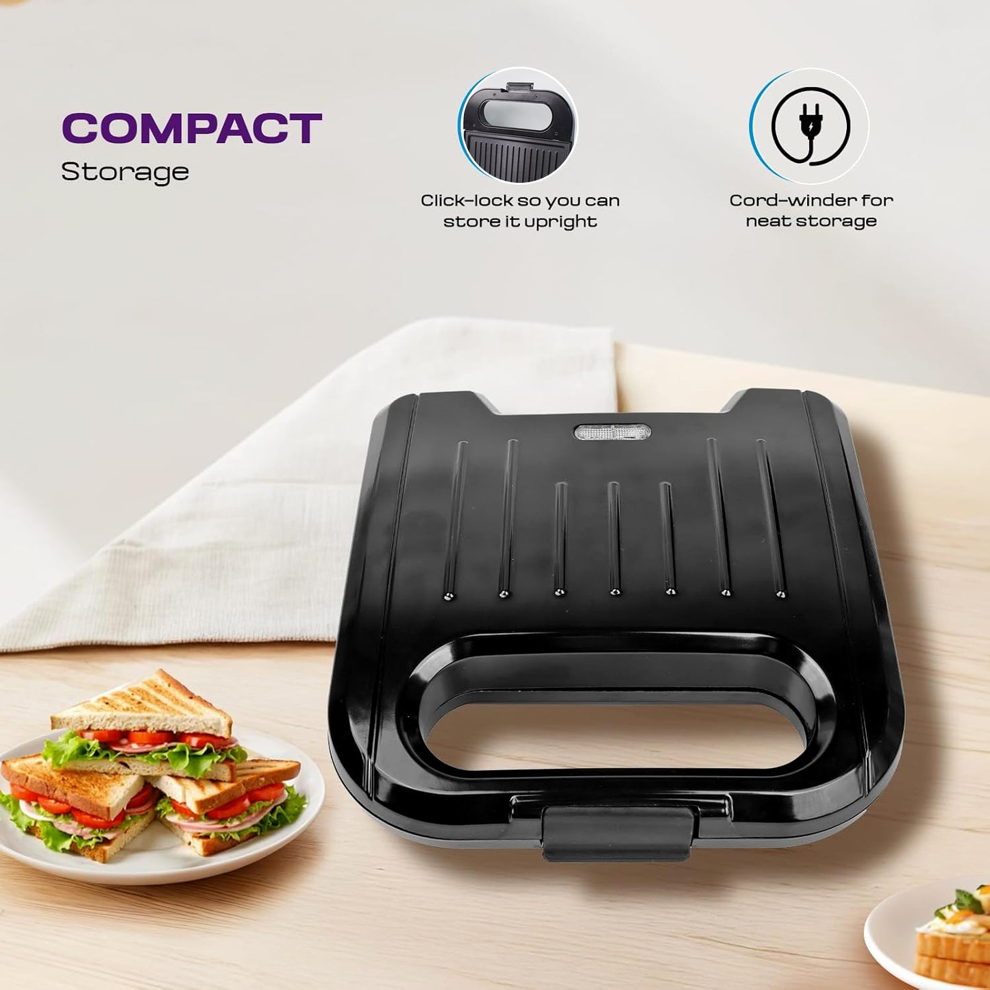 Wukusy Orbit Sandwich Toaster Maker with 800W power, compact home kitchen appliance for making toasted sandwiches.