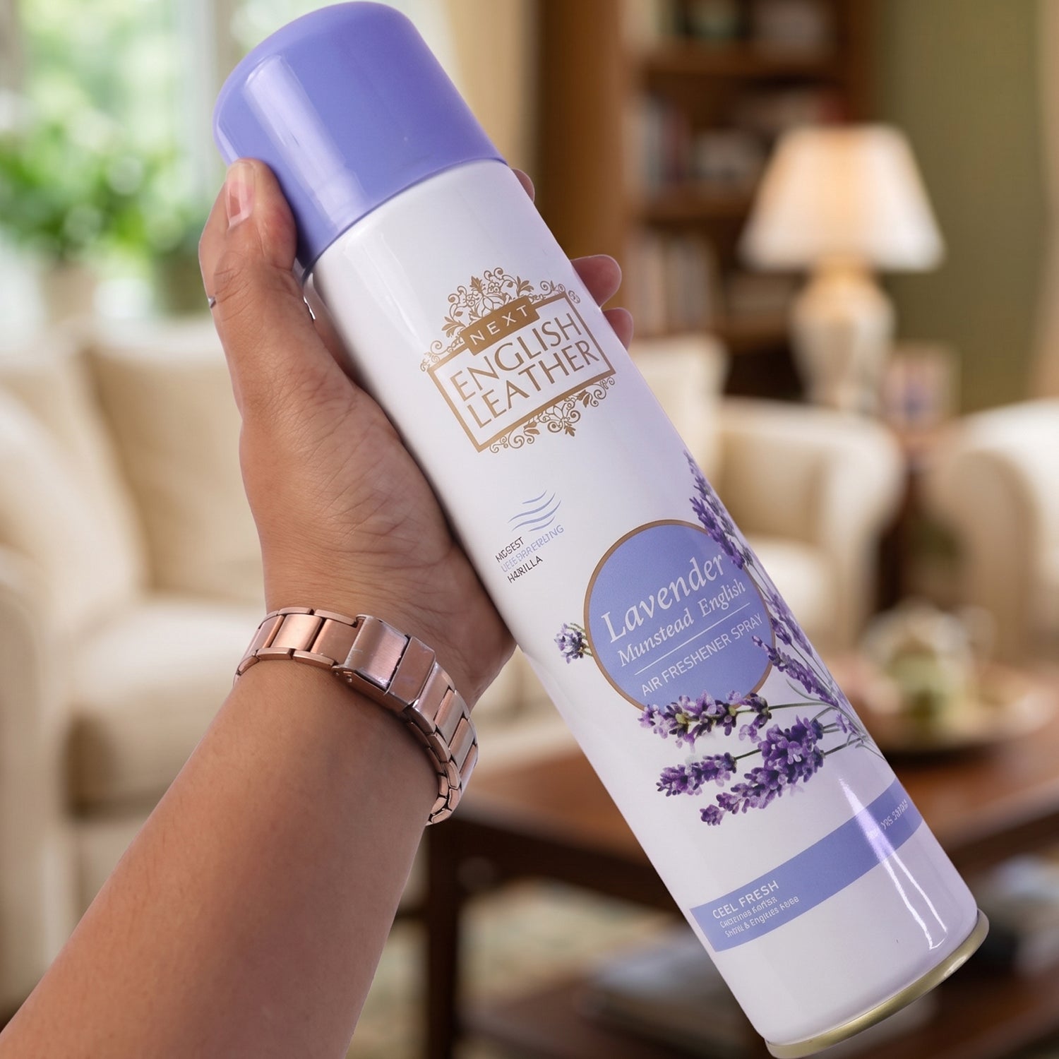Wukusy Next English Leather lavender air freshener spray for home or office, 220ml, with a sleek spray bottle design