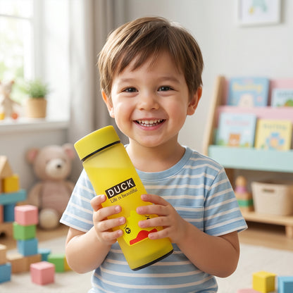 Wukusy 450ml frosted glass water bottle with cute cartoon design and leak-proof lid, ideal for staying hydrated on the go