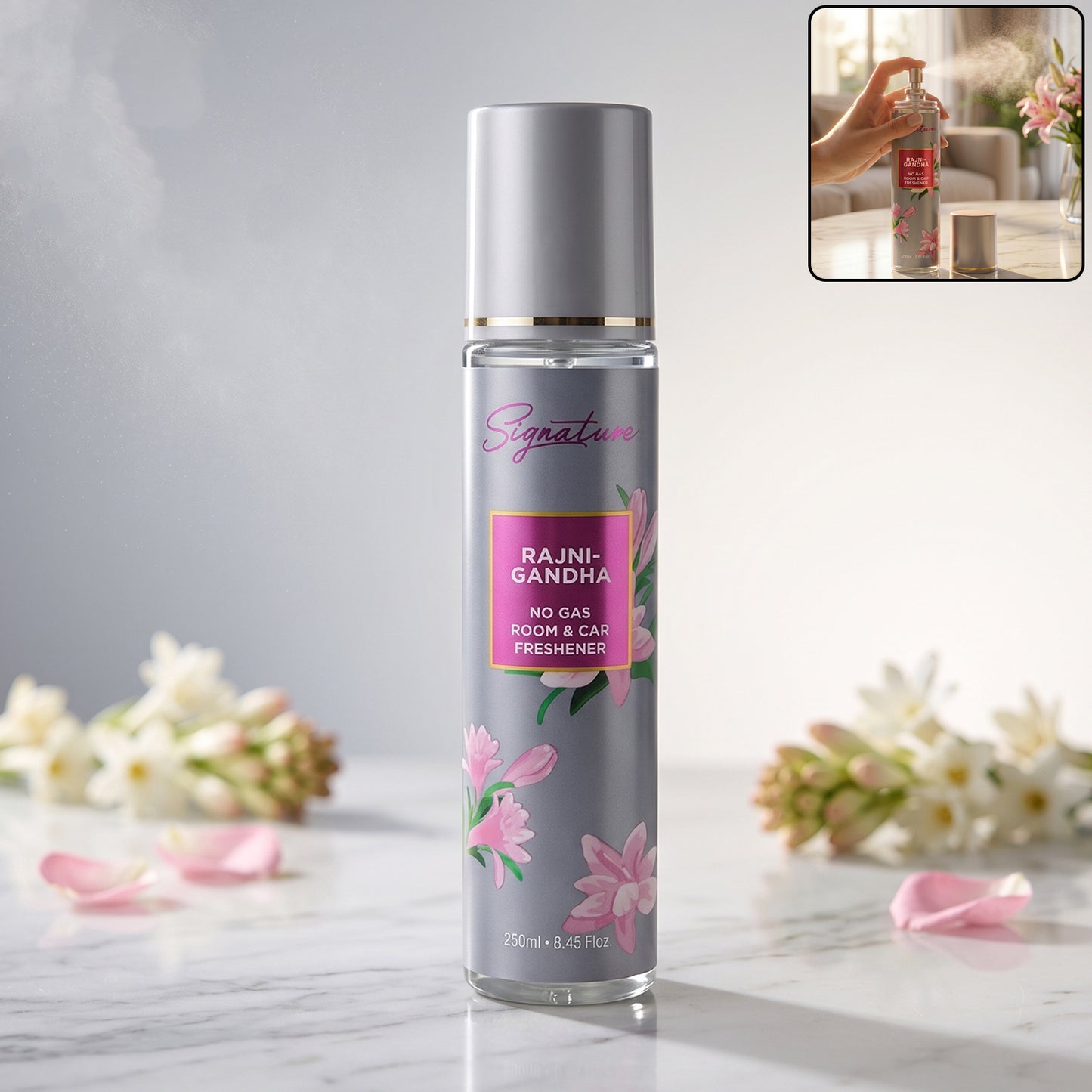 Wukusy Signature Rajnigandha room and car freshener spray 250ml bottle with floral design on label.
