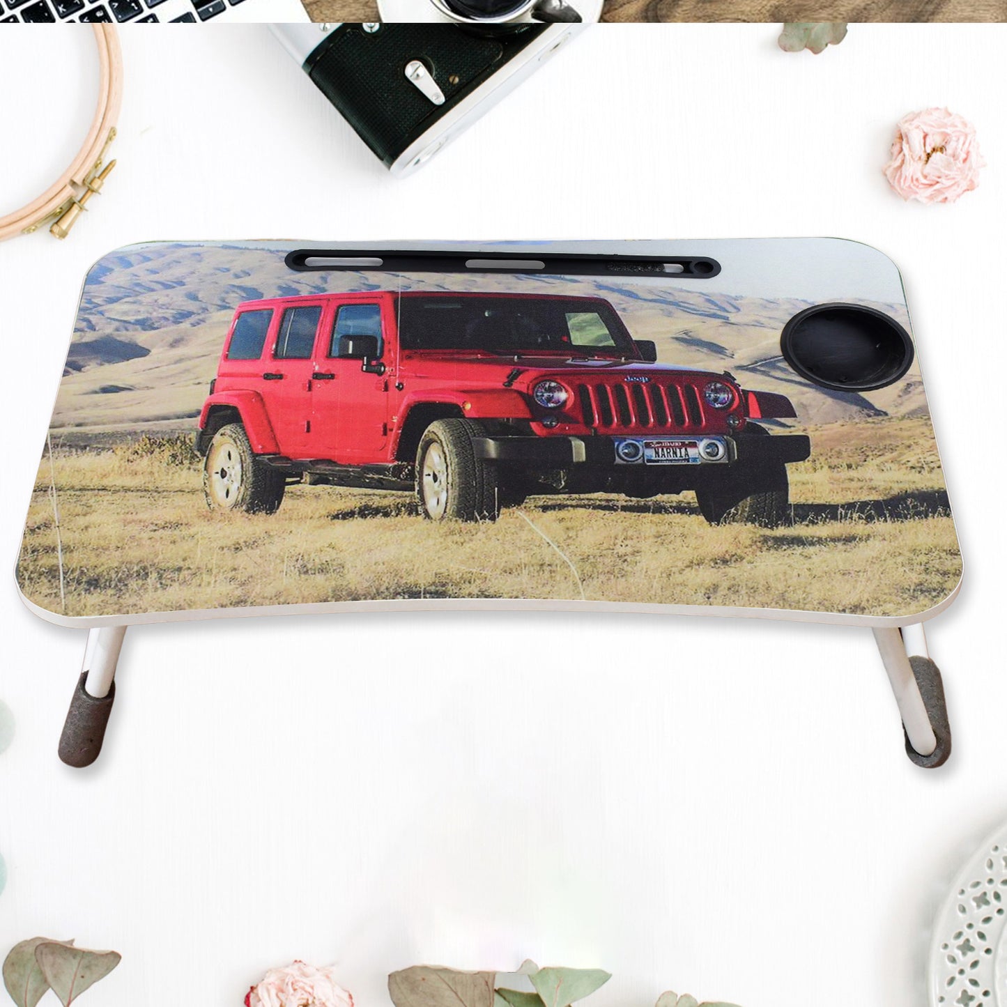 Wukusy multi-purpose office laptop desk with foldable cupholder and drawer, featuring a colorful cartoon design for study and reading.