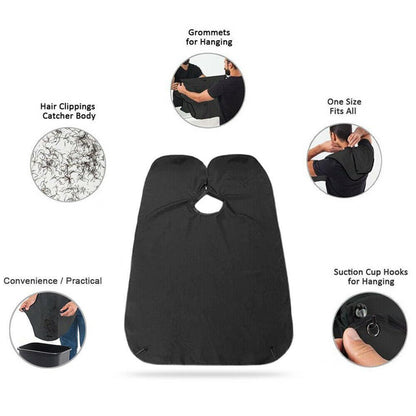Wukusy Black Beard Apron hair clippings catcher grooming bib laid flat, showing adjustable neck strap and waterproof material for grooming.