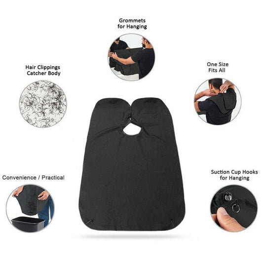 Wukusy Black Beard Apron hair clippings catcher grooming bib laid flat, showing adjustable neck strap and waterproof material for grooming.