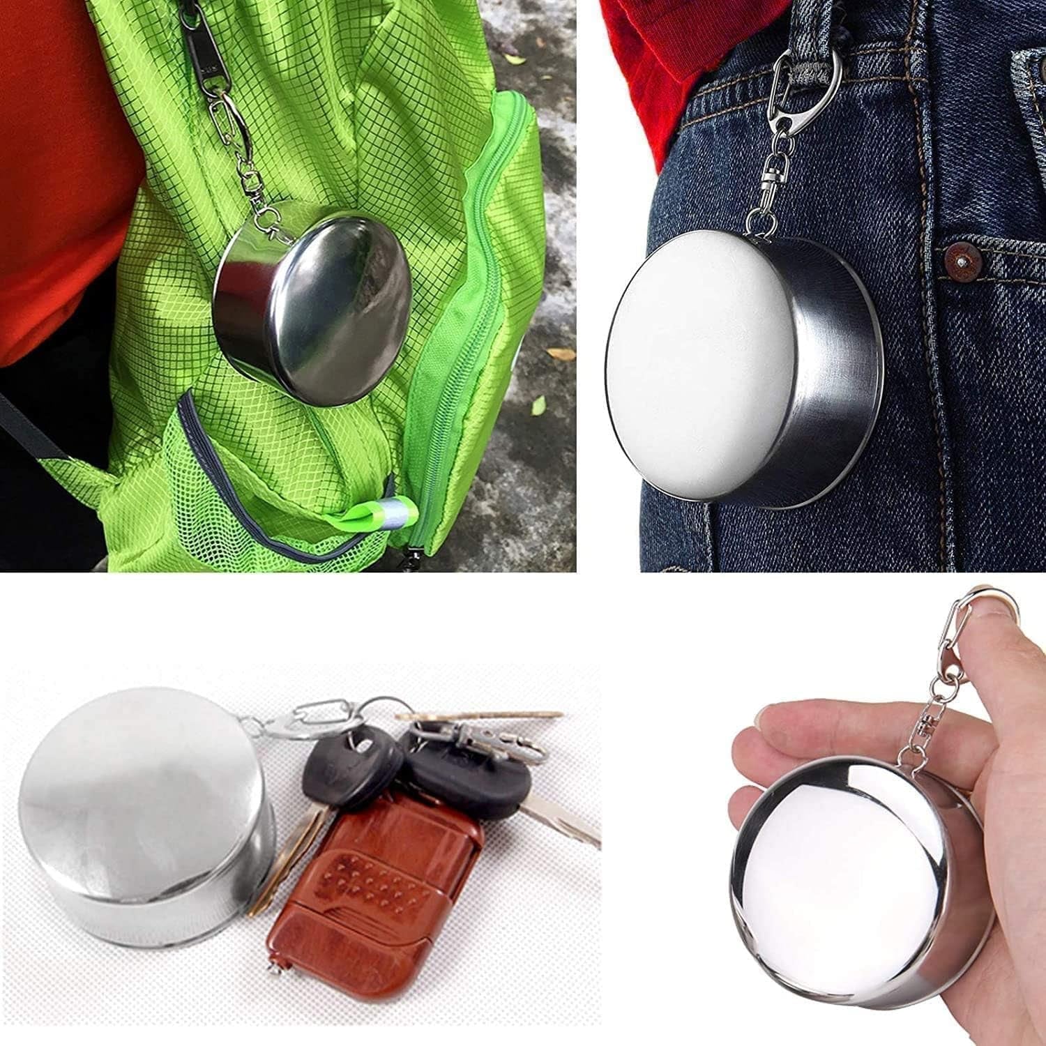 Wukusy 2-in-1 camping folding cup with keychain, compact portable stainless steel travel cup for outdoor use.