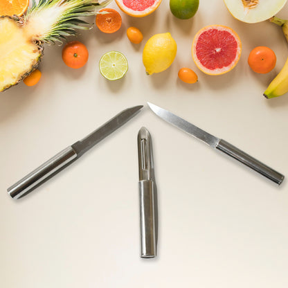 Three Wukusy stainless steel multipurpose knives with non-slip handles, ideal for fruit, meat, and vegetable chopping.