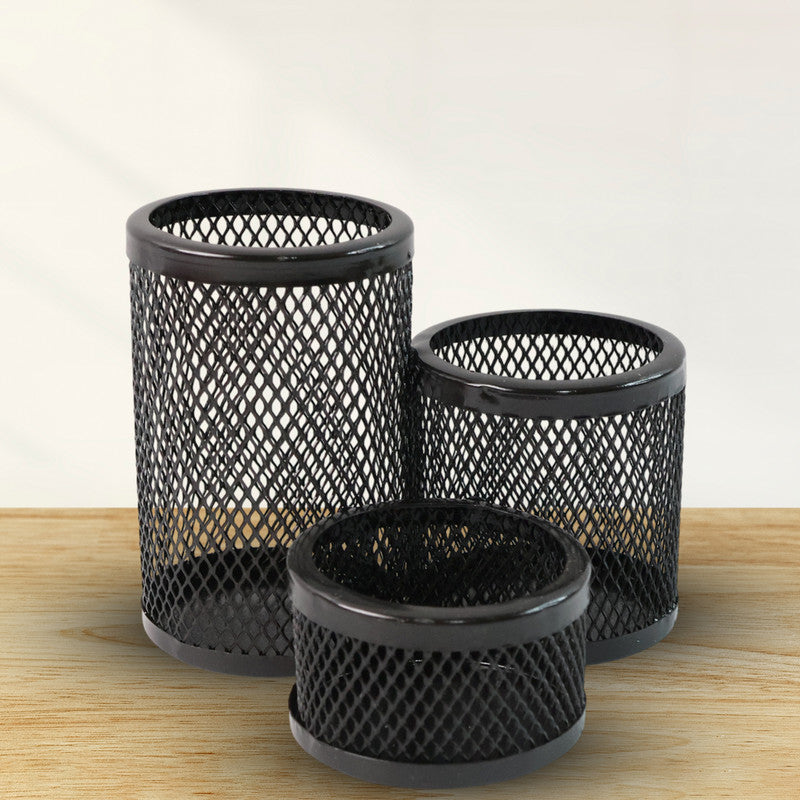 Wukusy Khyati Trio metal mesh pen stand, 3-in-1 round desk organizer set with compartments for pens, pencils, and office supplies.