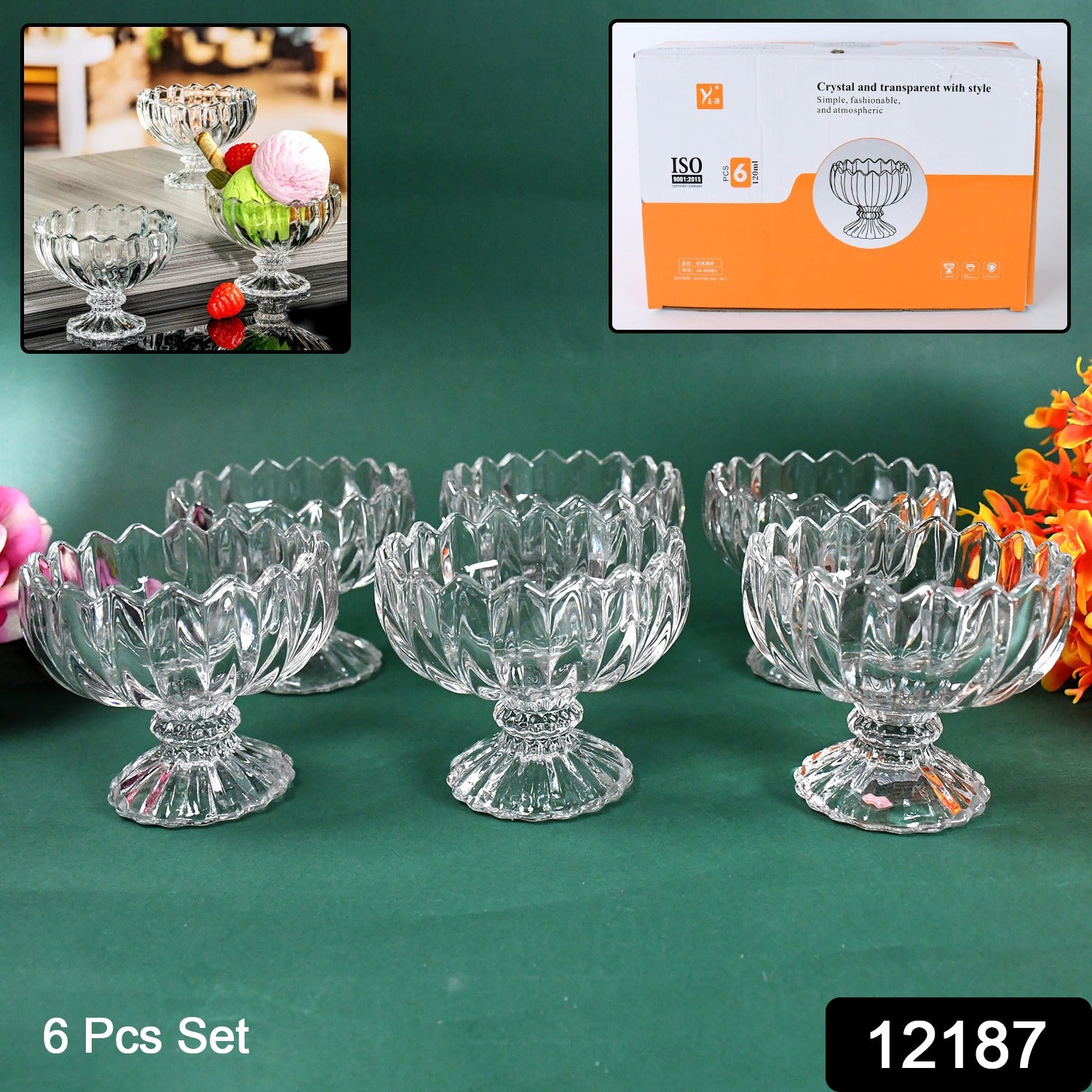 Set of six Wukusy glass ice cream bowls with handles, perfect for sundaes and desserts, clear and elegant dessert cups.