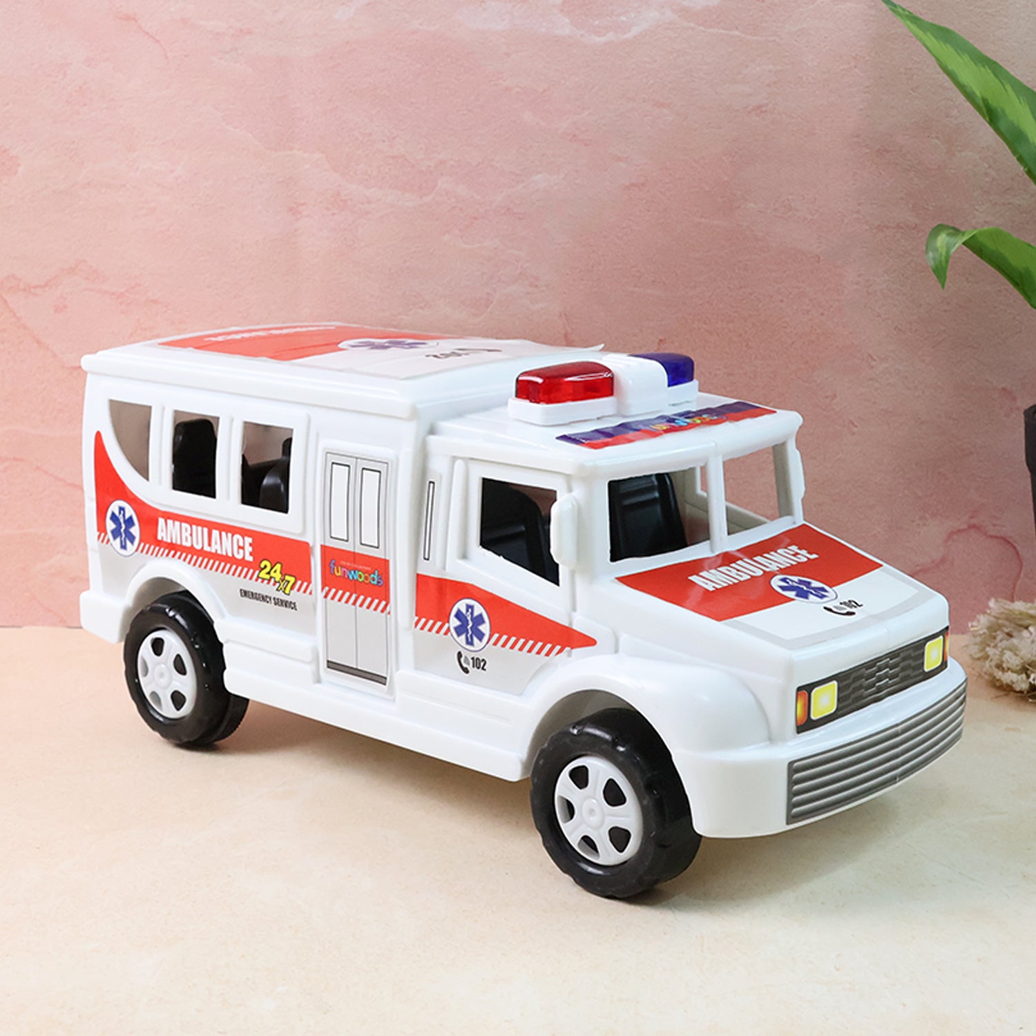 Wukusy Funwoods friction-powered ambulance toy for kids, featuring detailed design and bright colors, perfect for imaginative play.