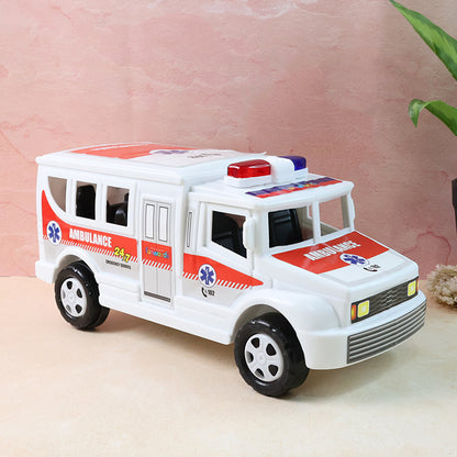 Wukusy Funwoods friction-powered ambulance toy for kids, featuring detailed design and bright colors, perfect for imaginative play.