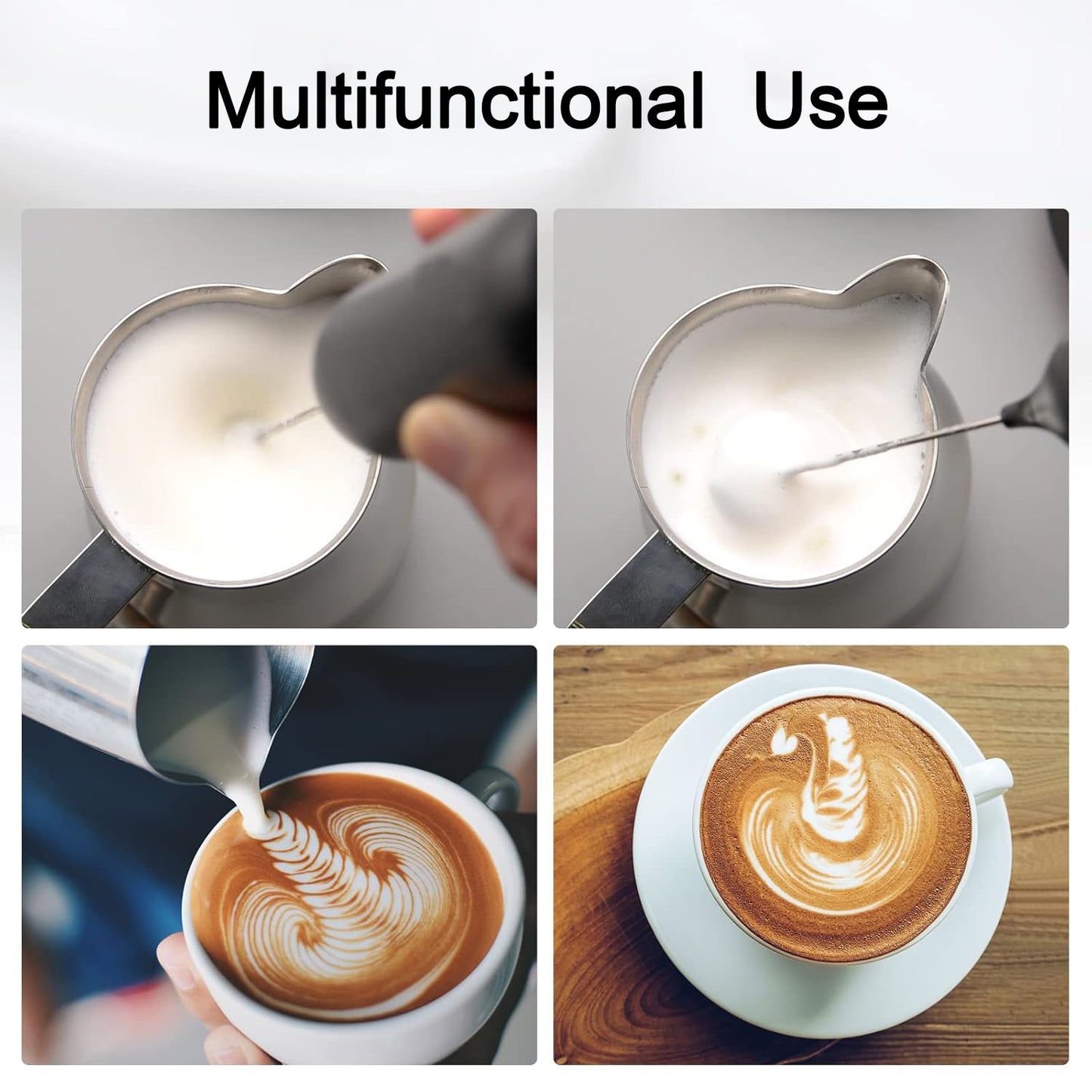 Wukusy small electric handheld milk frother with stainless steel whisk for frothing milk, compact home kitchen appliance