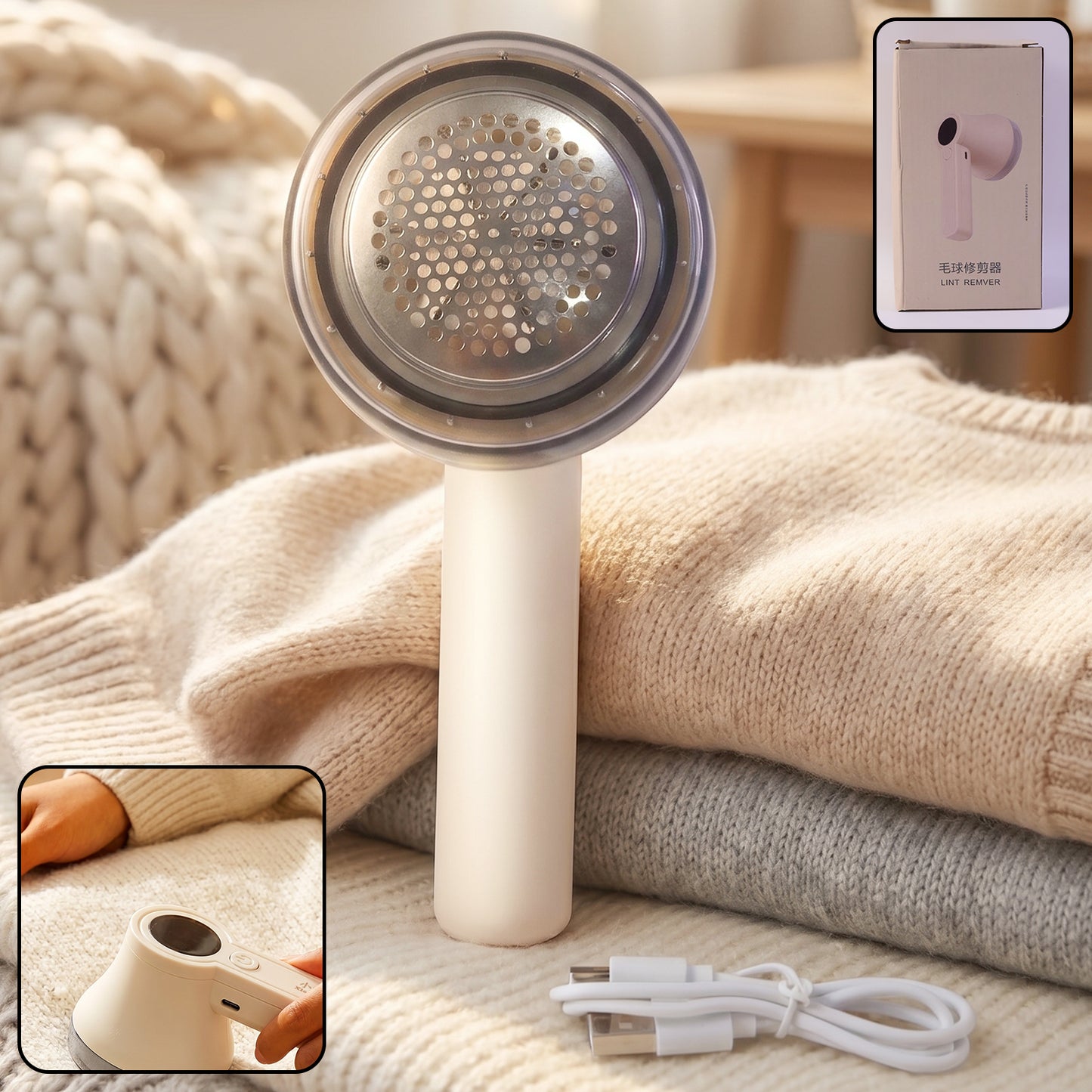 Wukusy rechargeable electric lint remover for clothes, sweaters, sofa, and blankets, with a fabric shaver design.