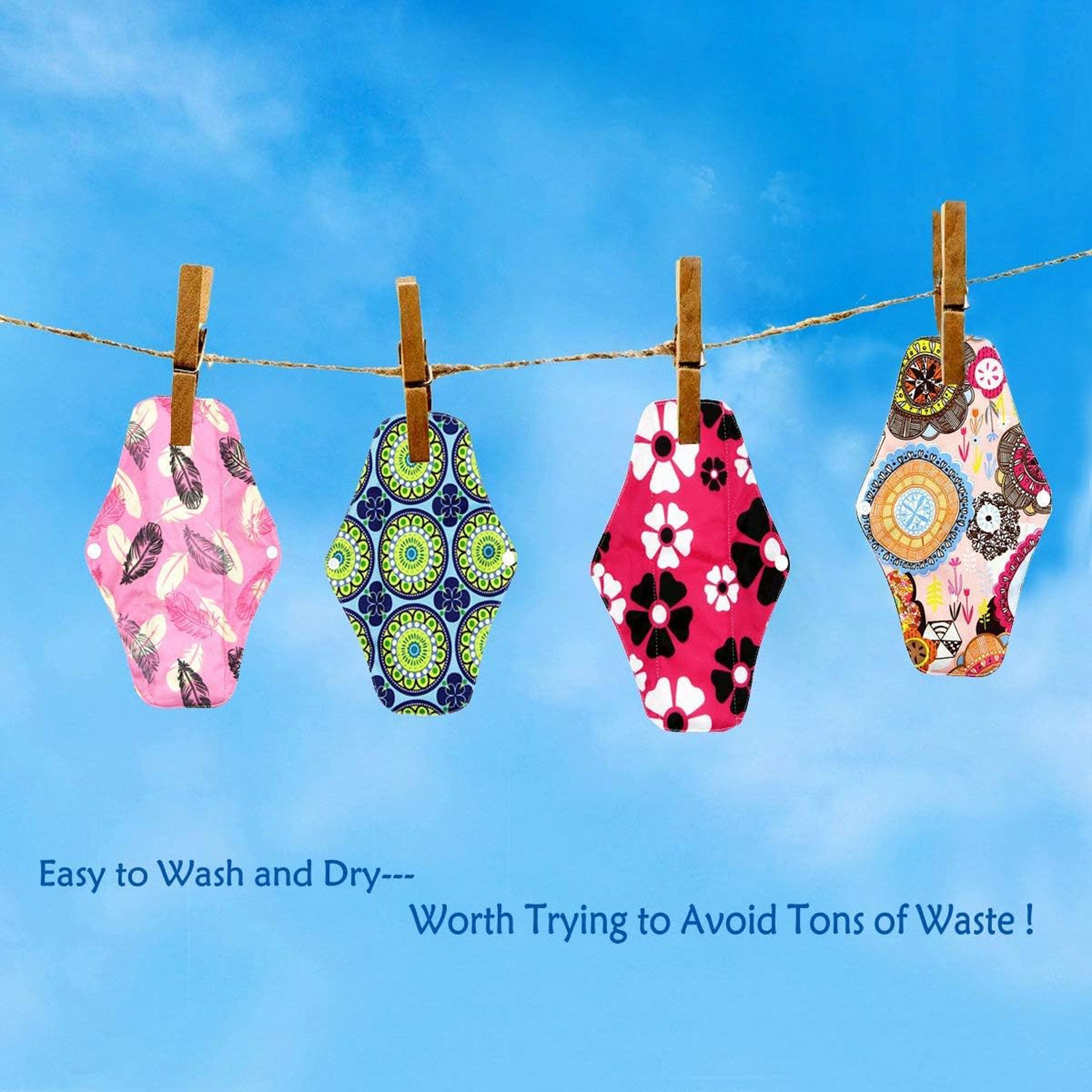 Wukusy reusable cloth sanitary pads for women, 4-piece set, soft fabric and secure fastening, designed for feminine health care.