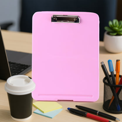 A4 size hard plastic clipboard file folder by Wukusy, designed for office use, with a sturdy clip and transparent cover.