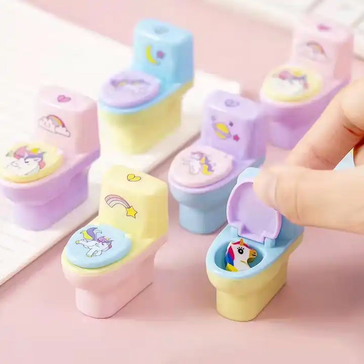 Wukusy toilet-shaped plastic pencil sharpener with eraser wheel, small novelty stationery for kids, 2-pack office school supplies