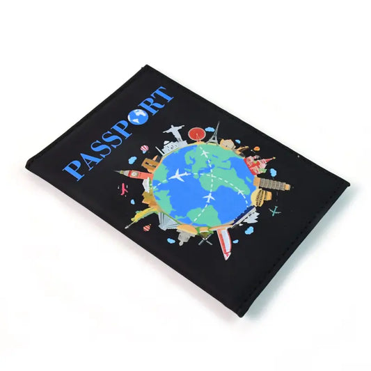 Ekom stylish printed passport holder cover with world map and landmark design, used as a travel document organizer for luggage.