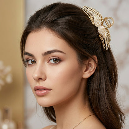 Wukusy premium pearl studded elegant hair claw clip for women, showcasing a stylish hair accessory with pearl embellishments.