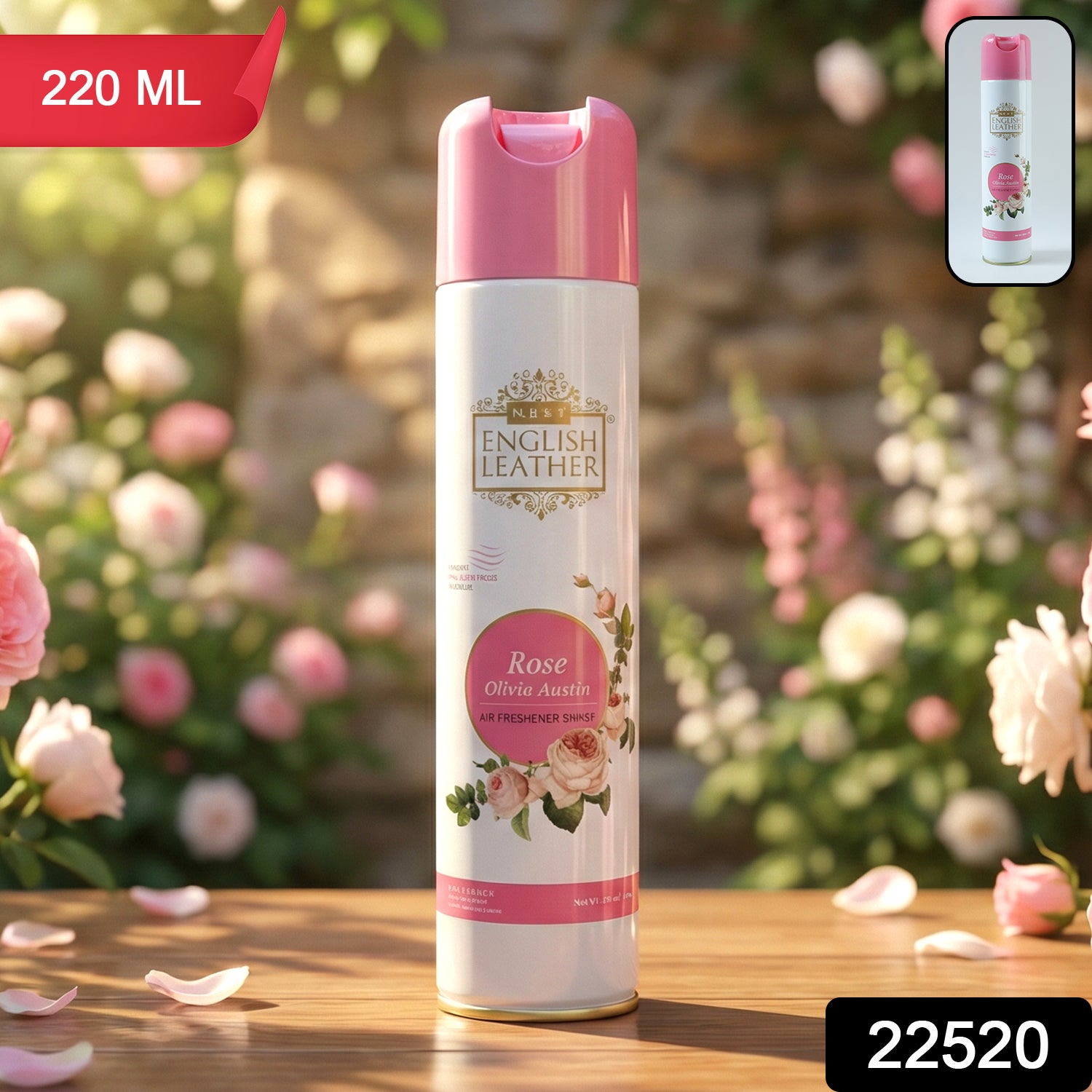 Wukusy Next Premium English Leather Rose air freshener spray bottle, 220 ml, with elegant packaging and floral rose design