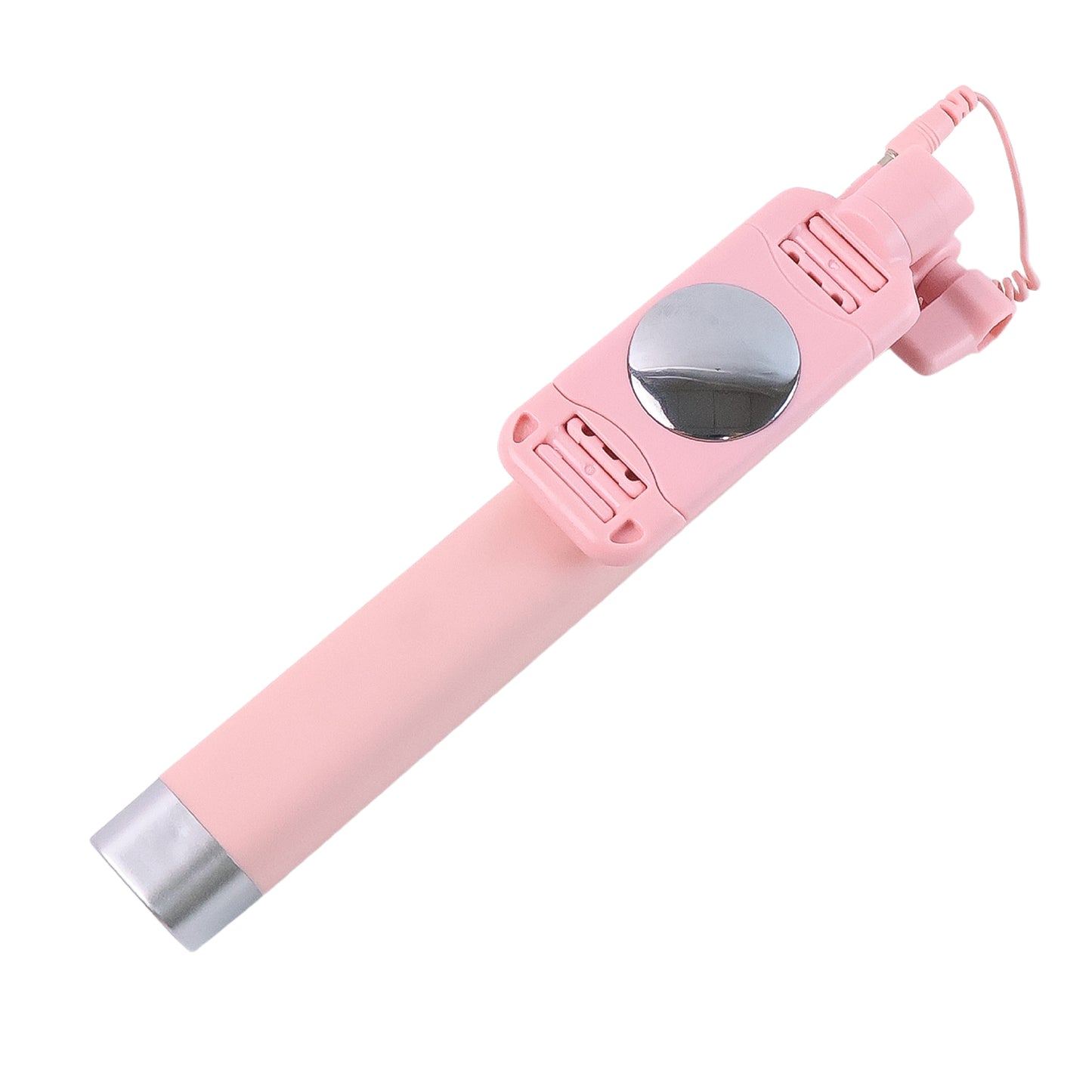 Wukusy wired travel selfie stick with rearview mirror and built-in shutter button, extending handle for smartphone selfies.