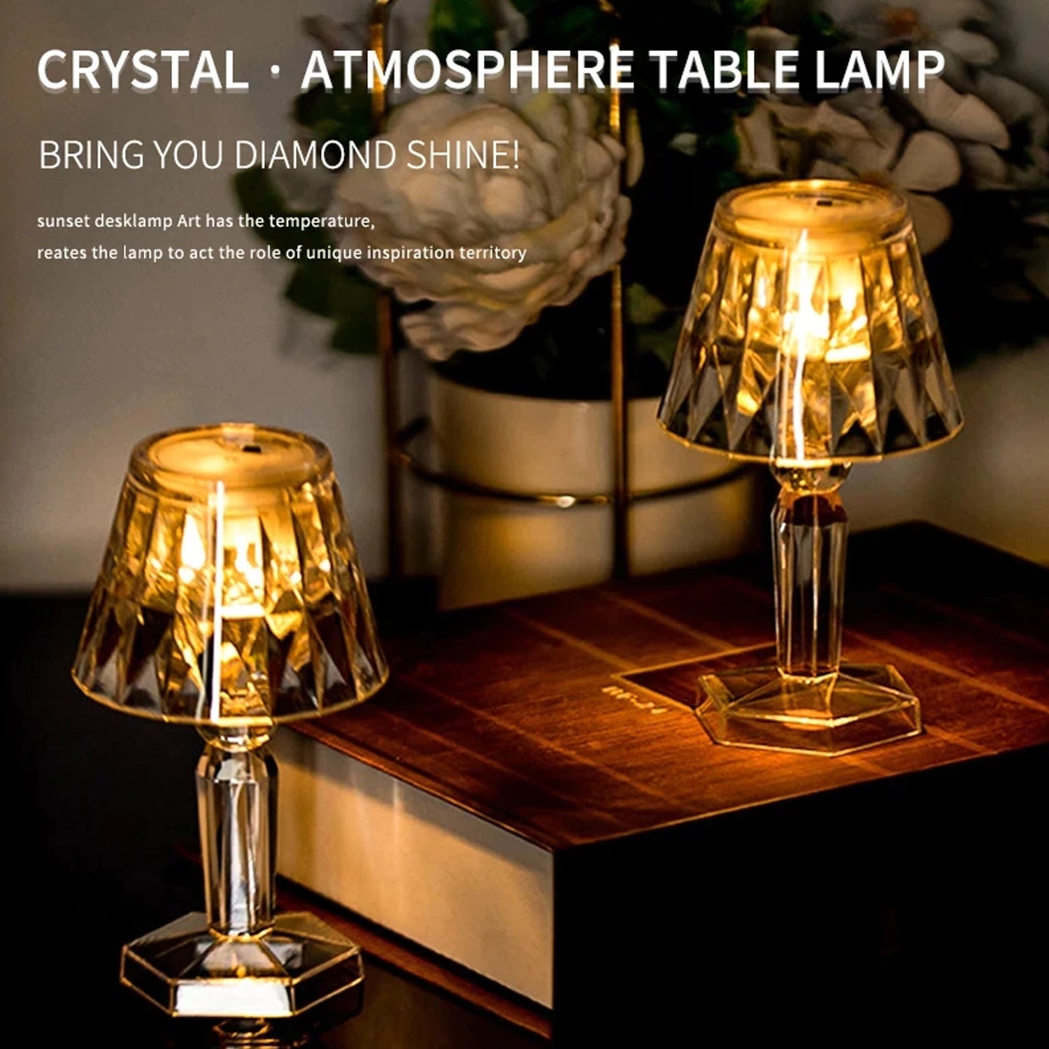 Wukusy 6610 2-in-1 transparent mini crystal table lamp with reflection light showing a sleek, modern design and glowing crystal accents.