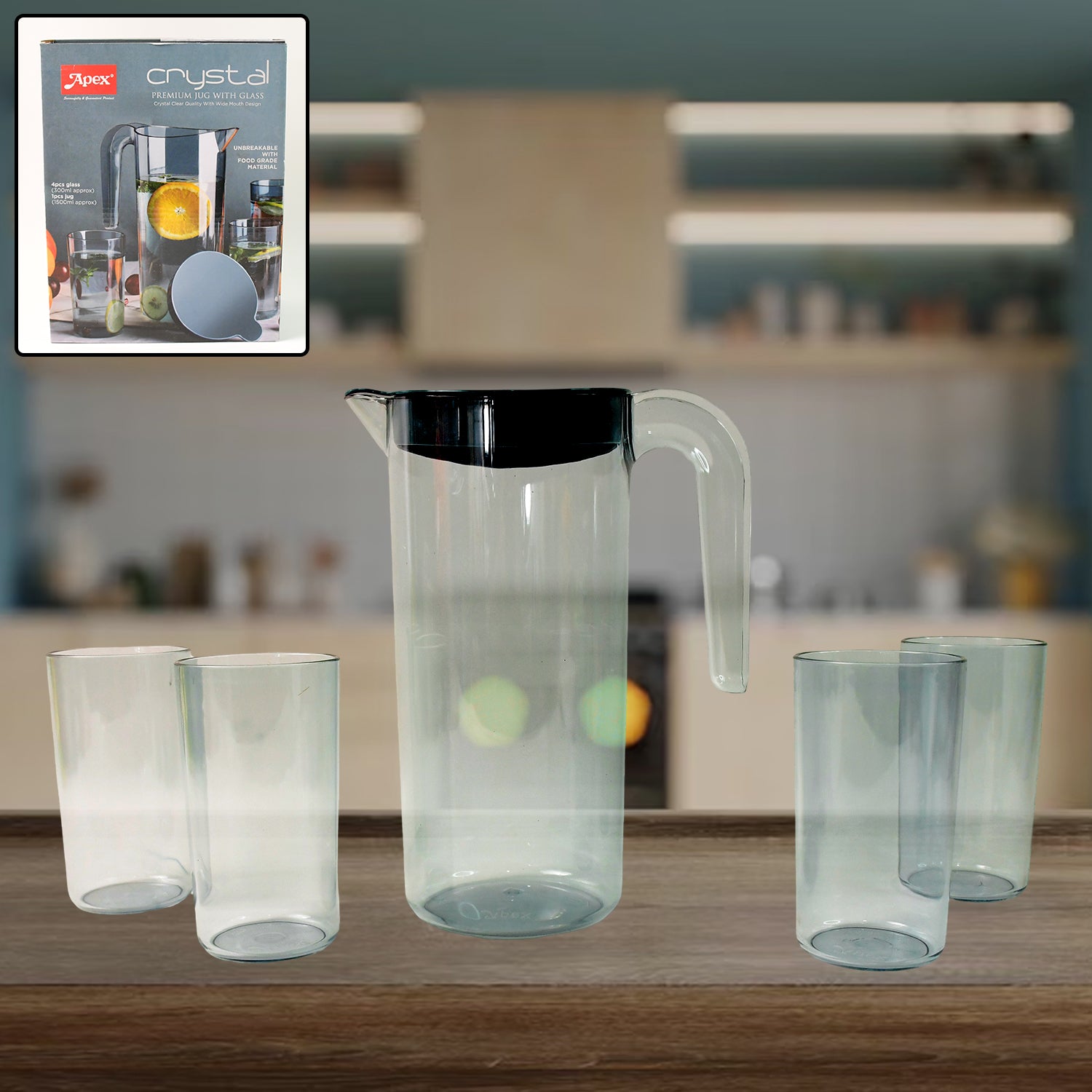 Set of five Wukusy Apex Crystal Premium glass jugs with lids, including 1500 ml and 300 ml sizes, clear and durable.