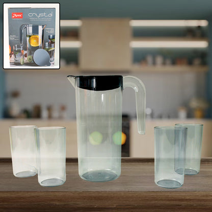 Set of five Wukusy Apex Crystal Premium glass jugs with lids, including 1500 ml and 300 ml sizes, clear and durable.