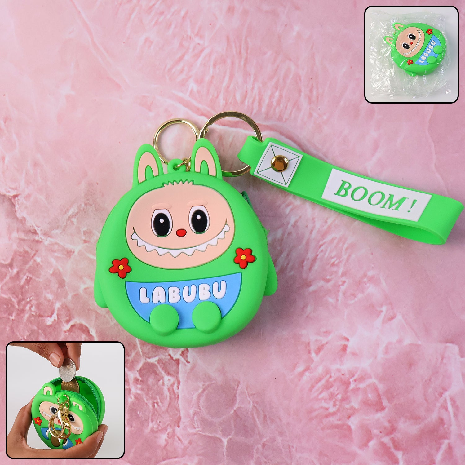 Wukusy cute cartoon character coin pouch with keychain and wrist strap, colorful and fun accessory for coins and small essentials