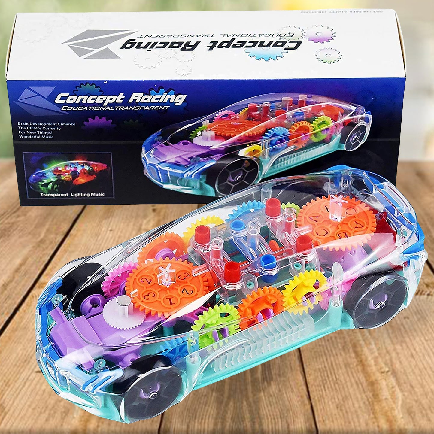 Wukusy 17793 transparent gear concept car toy with 360° rotation, musical and 3D flashing lights for kids, multicolor design