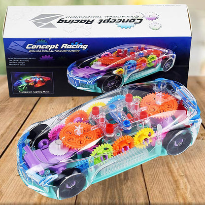 Wukusy 17793 transparent gear concept car toy with 360° rotation, musical and 3D flashing lights for kids, multicolor design