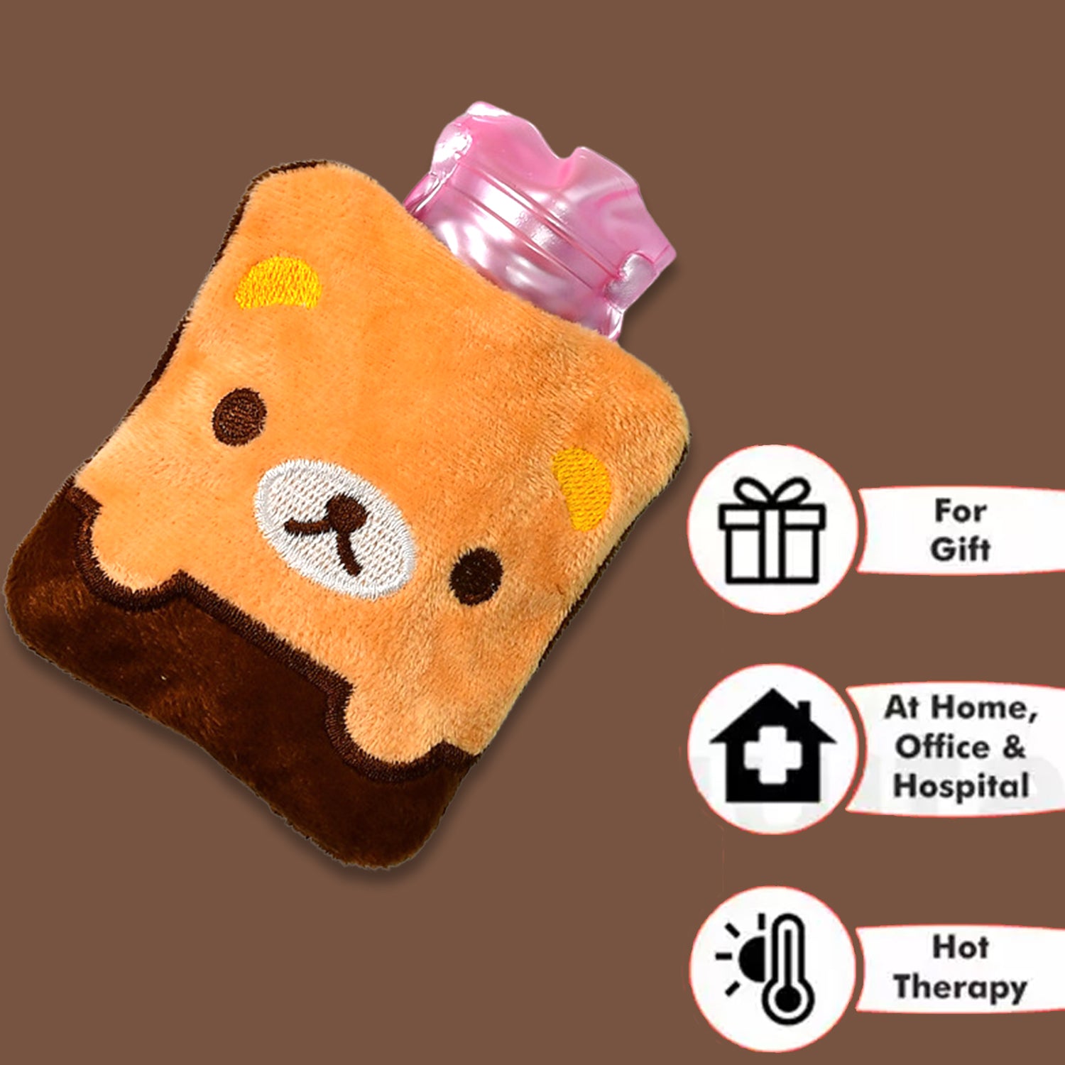 Wukusy brown panda print small hot water bag with cover, used for pain relief, neck, shoulder, hand, feet warmth, and menstrual cramps.