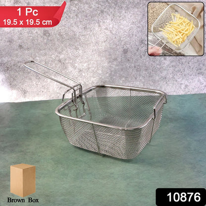 Wukusy stainless steel deep fryer basket with long handle, ideal for frying foods, featuring a sturdy construction and ergonomic handle.