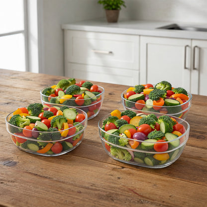 Set of four transparent Wukusy multipurpose serving bowls with smooth, clear design for salads, snacks, and serving needs.