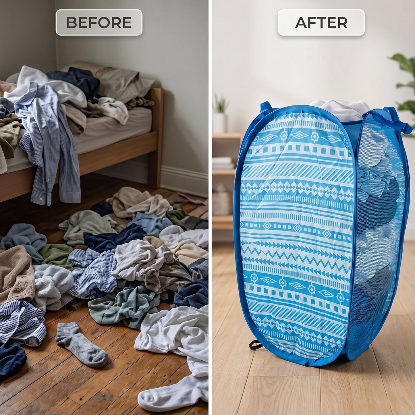 Foldable Wukusy laundry basket with fabric mesh design, 52x30x30cm storage hamper for clothes organization