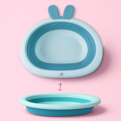 Foldable baby care basin with bunny ear handles from Wukusy, collapsible design for easy storage and gentle use.