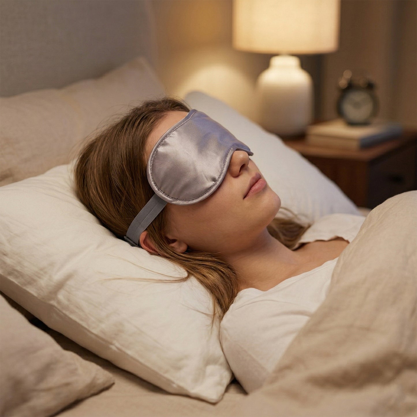 Soft Wukusy sleep eye mask, comfortable and lightweight for restful sleep, shown in a neutral color with smooth fabric.