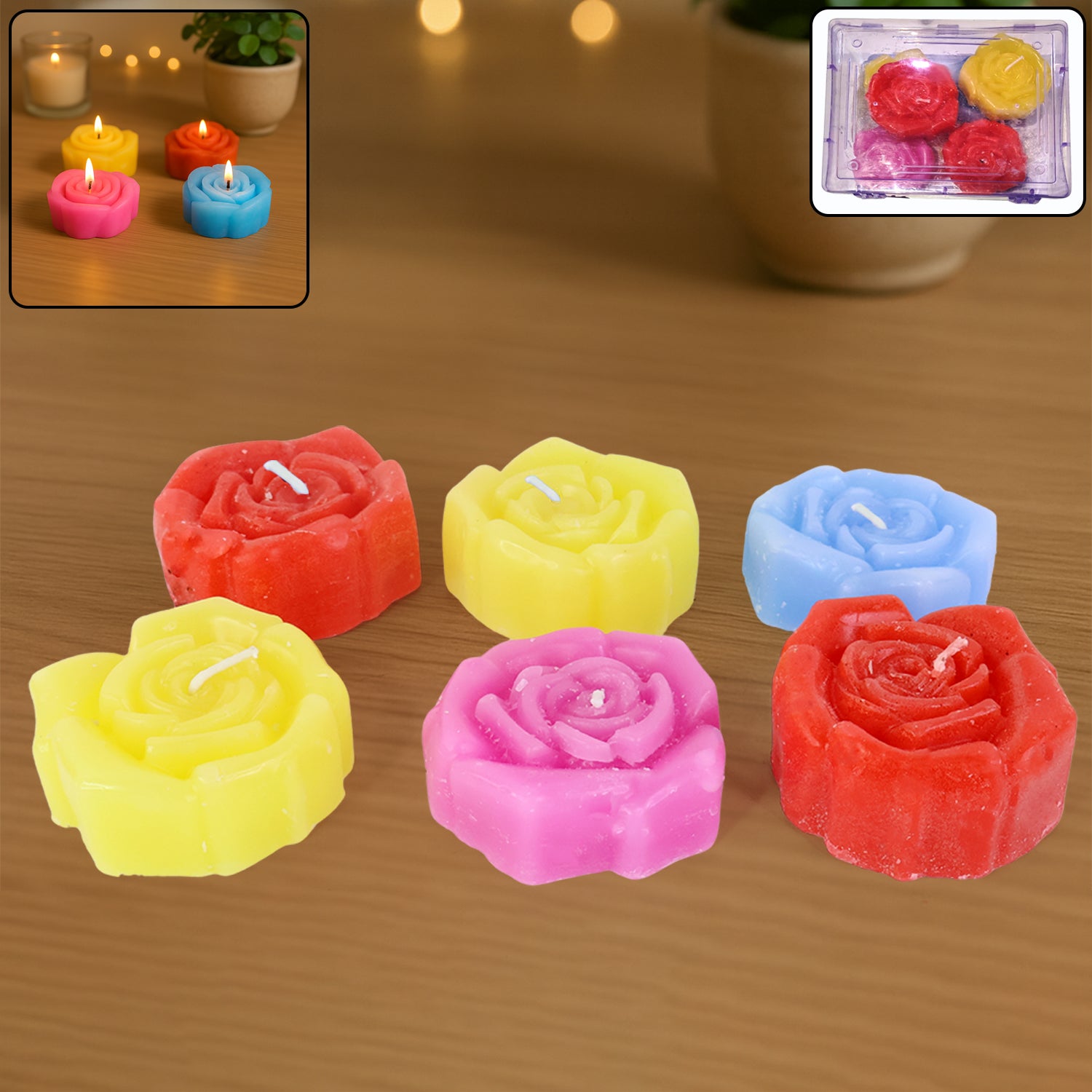 Six rose-shaped wax candles from Wukusy in a home decor set, featuring detailed petal designs and a soft pink color.
