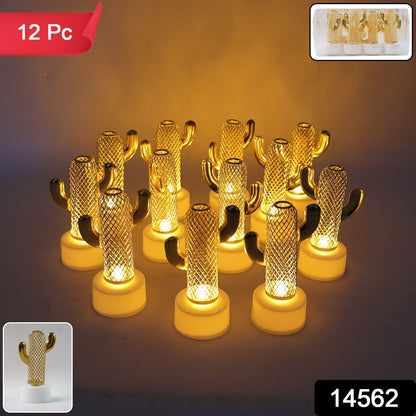 Set of 12 Wukusy decorative cactus-shaped flameless LED candles for home decor, featuring realistic cactus designs and soft LED lighting.