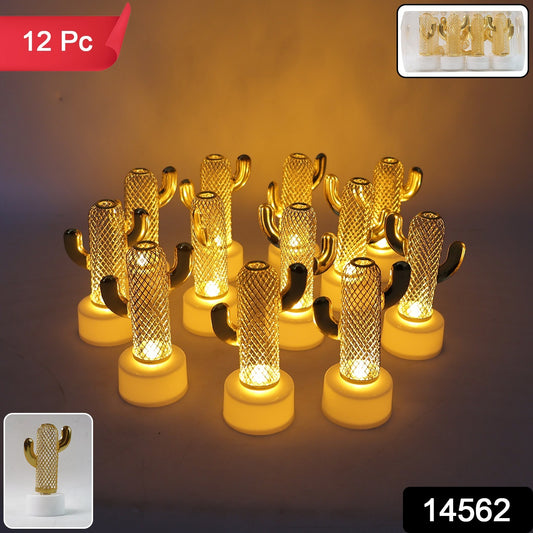 Set of 12 Wukusy decorative cactus-shaped flameless LED candles for home decor, featuring realistic cactus designs and soft LED lighting.