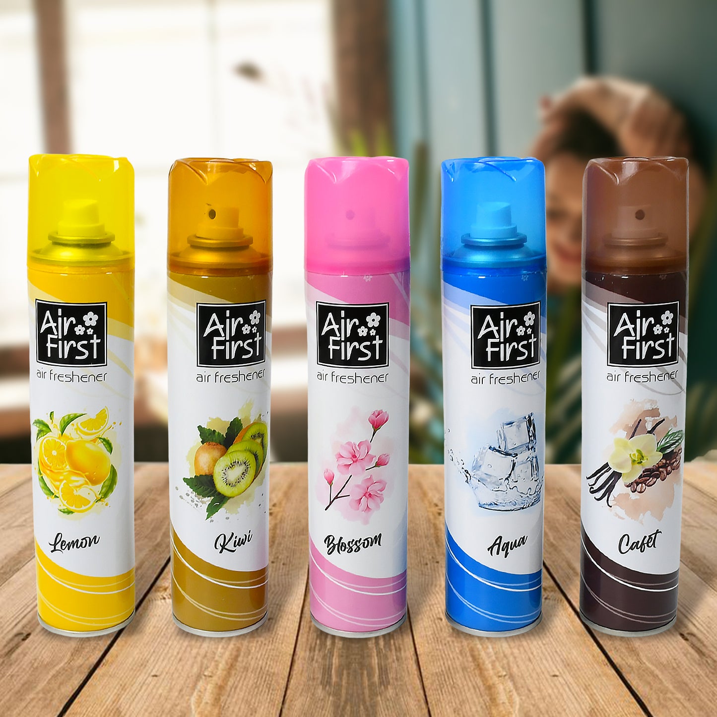 Wukusy 1382 air freshener with lemon, kiwi, blossom fragrances in 300ml spray bottle, ideal for office, home, hotel, or banquet rooms