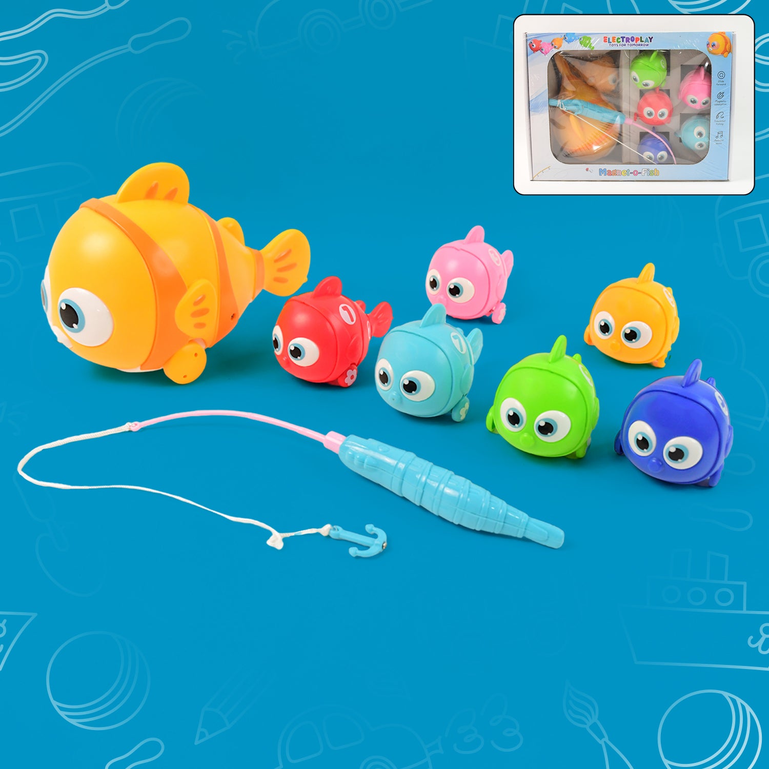Wukusy 7-in-1 magnetic fishing toy set for kids with colorful fishing rods, fish, and accessories for educational play.