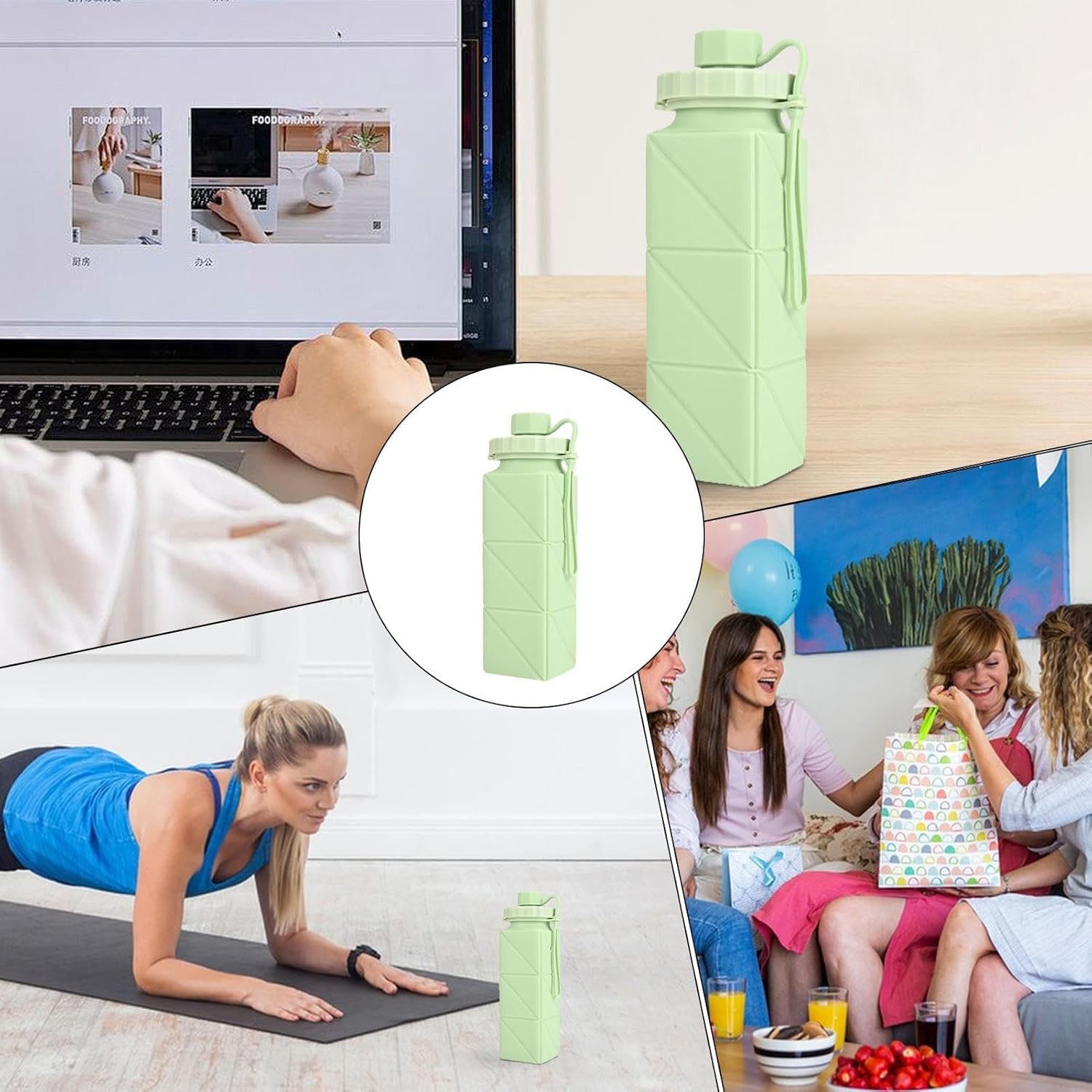 Wukusy premium foldable collapsible water bottle in bright blue, compact design, shown folded and expanded for easy hydration on the go.