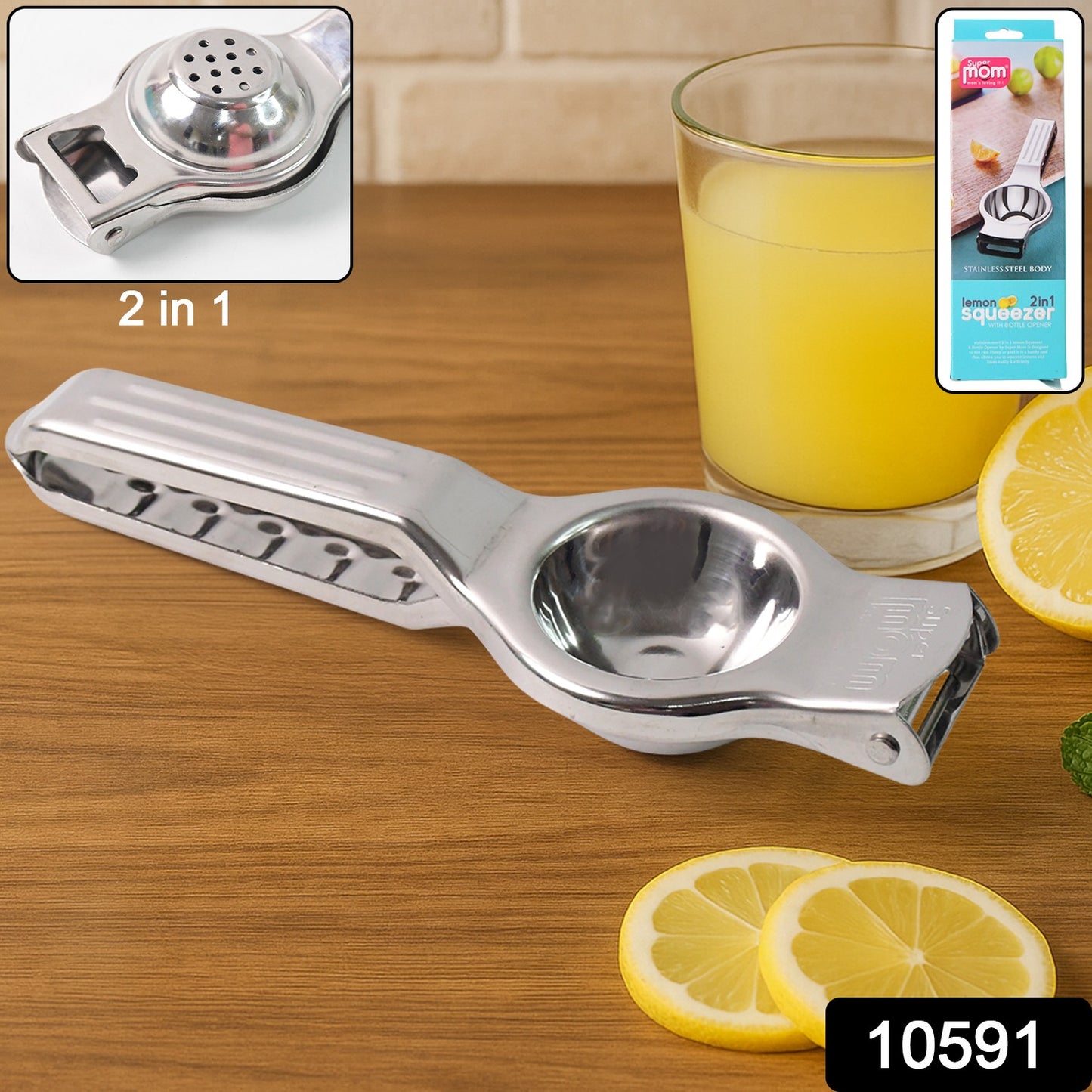 Wukusy Supermom 2-in-1 stainless steel lemon squeezer with built-in bottle opener on a kitchen countertop.