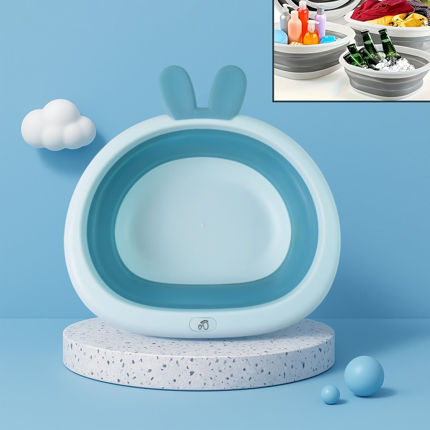 Wukusy foldable baby care basin with bunny ear handle, collapsible design, lightweight and portable for easy use.