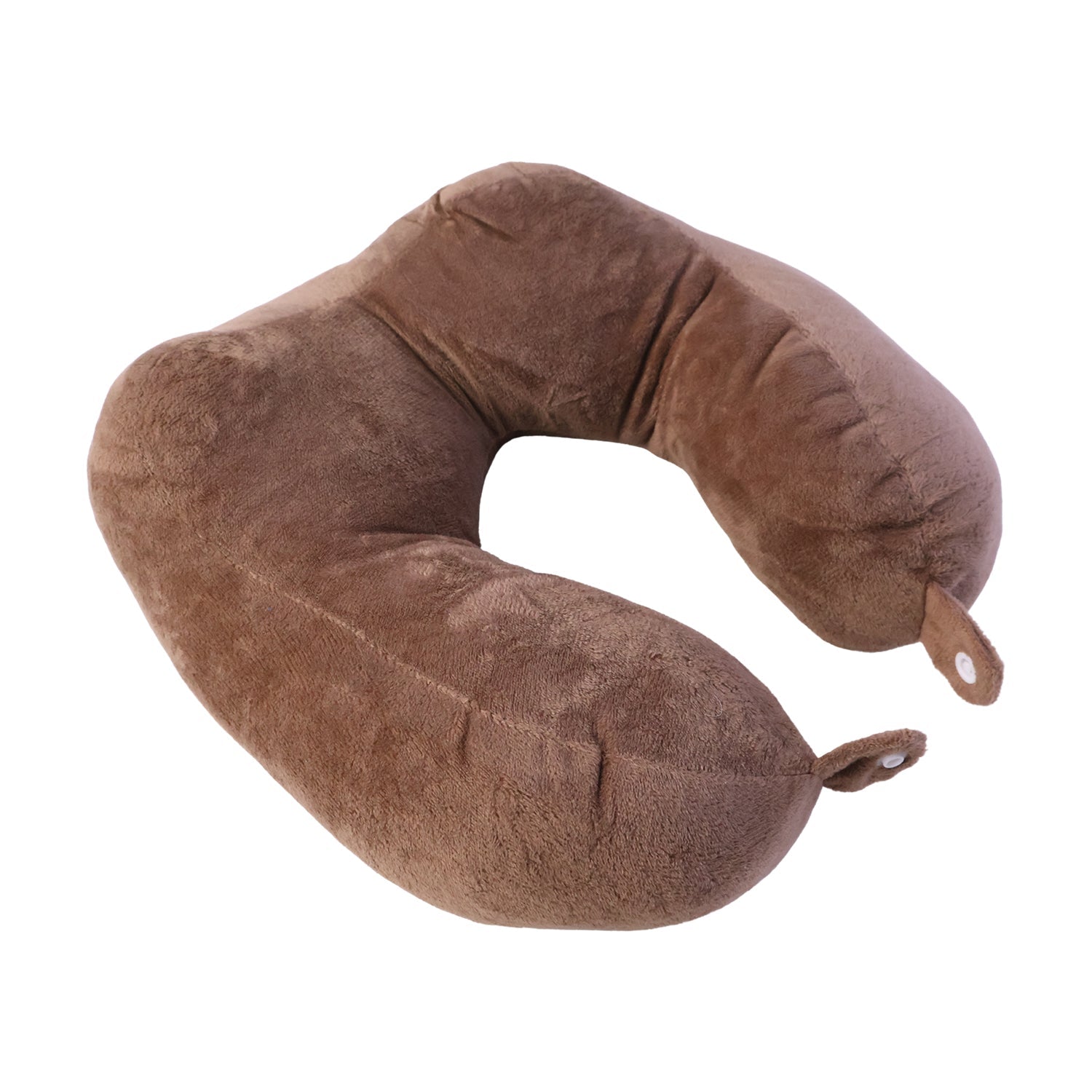 Brown plush U-shaped travel neck pillow by Wukusy, providing soft head and neck support for comfortable travel.