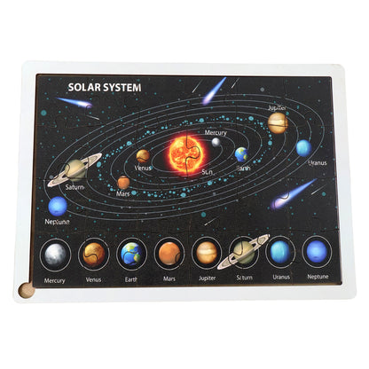 Wooden Solar System puzzle toy for kids by Wukusy, featuring colorful planets and space-themed pieces in a set.