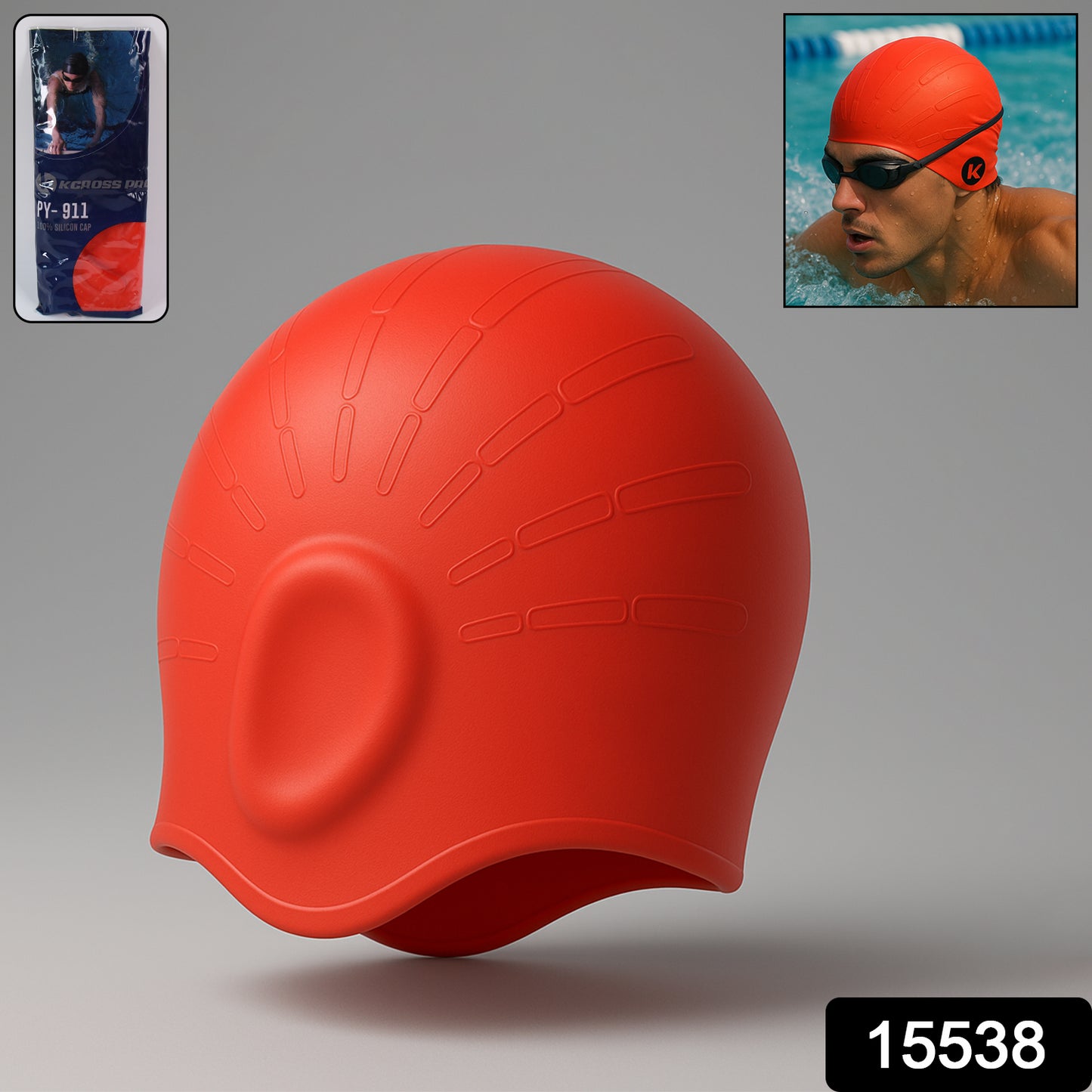 Wukusy professional silicone swimming cap in black, shown fitted on a head, designed to reduce water resistance and protect hair.